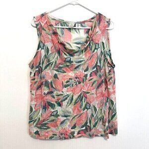 JOIE White Green Pink Tropical Floral Cowl Neck 100% Linen Sleeveless Blouse Top